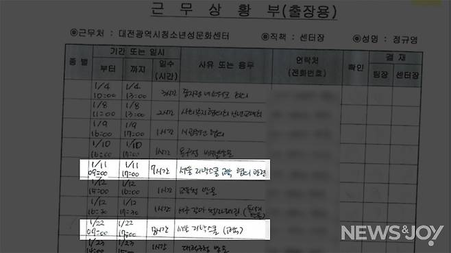 정규영 센터장의 2024년 근무상황부 일부. '서울 리박스쿨 교육 협의 관련', '서울 리박스쿨(교육)' 명목으로 출장을 다녀왔다고 기재돼 있다.