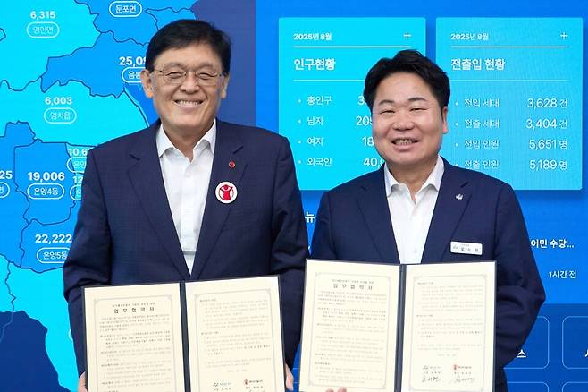 10일 아산시청 시장실에서 아산시 오세현 시장과 세이브더칠드런코리아 정태영 총장이 '이주배경아동 가정 지원 위한 협약'을 체결 후 기념촬영하고 있다. ⓒ아산시 제공