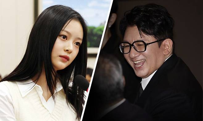 (왼쪽)걸그룹 뉴진스의 멤버 하니와 (오른쪽)방시혁 하이브 의장 ⓒ시사저널 양선영 디자이너·연합뉴스