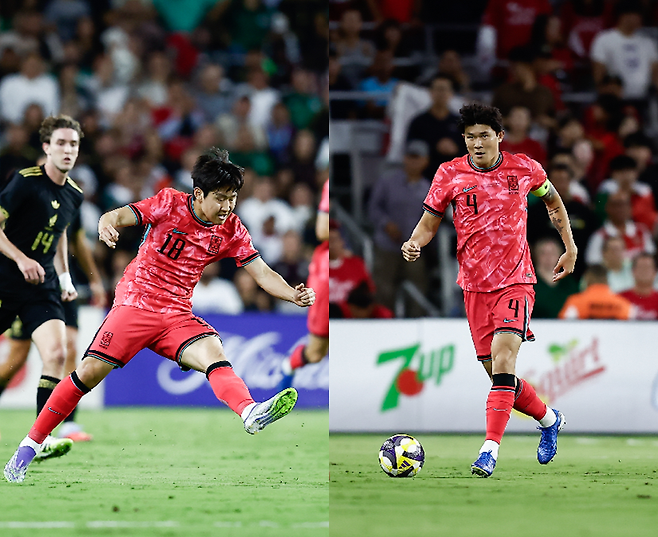 축구국가대표팀 미드필더 이강인(왼쪽)과 수비수 김민재(오른쪽)는 소속팀에서 입지가 좁아졌지만 대표팀에선 준수한 활약을 펼쳤다. 미국, 멕시코와 9월 미국 원정 평가전 내내 좋은 활약을 펼치며 건재를 알렸다. 사진제공│대한축구협회