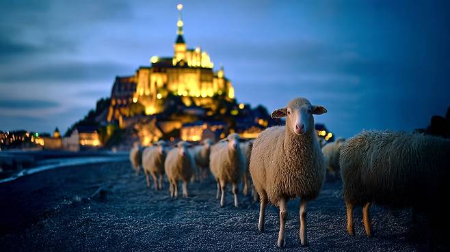 프랑스 몽생미쉘 앞 해변에서 한 무리의 양떼가 이동하고 있다. 사진가는 40년 전에 찍은 몽상미쉘 사진을 AI로  양 떼를 생성해서 이미지를 만들었다. / 사진가 오승환