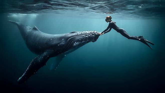 남태평양 통가 해역에서 한 여성 다이버가 수면 아래에서 새끼 혹등고래를 양손으로 조심스럽게 만지고 있다. AI 생성 이미지. / 사진가 오승환
