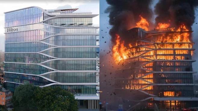 카트만두 힐튼 호텔의 정상적인 모습(왼쪽)과 화염에 휩싸인 모습. /인스타그램