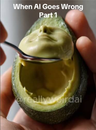 아보카도 얼굴을 숟가락으로 떠 버리는 AI의 실수 [틱톡 'reallyweirdai' 캡처. 재판매 및 DB 금지]