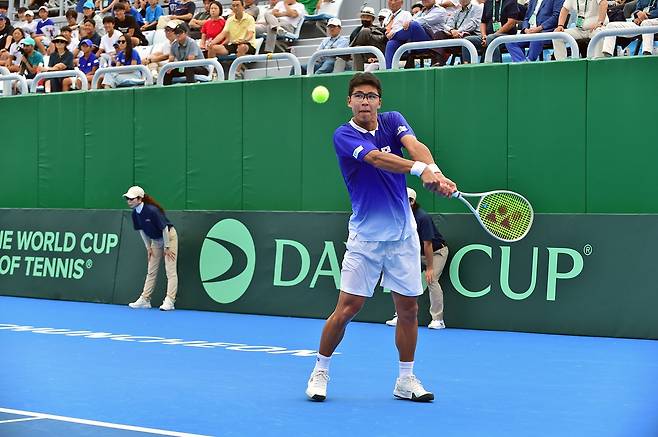 정현의 12일 데이비스컵 경기 모습.  [대한테니스협회 제공. 재판매 및 DB 금지]