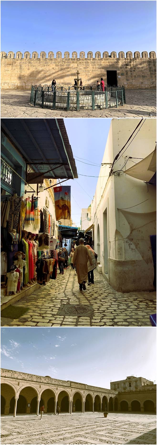 (위로부터)성벽으로 둘러싸인 수스 메디나, ‘수크’라 불리는 메디나 시장 풍경, 메디나 중앙 입구에 위치한 대모스크