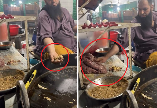 파키스탄 길거리 노점상이 검은 기름에서 익힌 달걀을 맨손으로 집어 올리고(왼쪽), 이를 방치된 고기와 함께 손으로 직접 섞고 있는 모습(오른쪽). 소셜미디어(SNS) 캡처