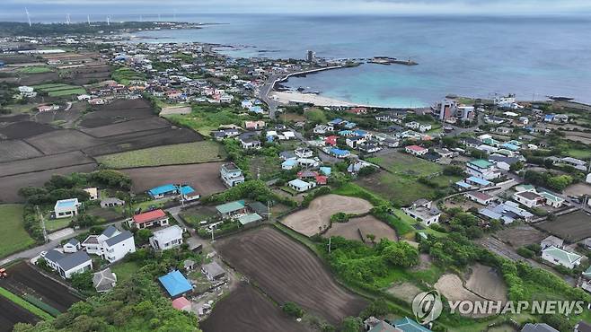 제주시 구좌읍 평대리 전경. 녹색 수풀지대는 모래언덕 사구로, 사구와 어울려 마을이 조성됐다. [촬영 박지호]