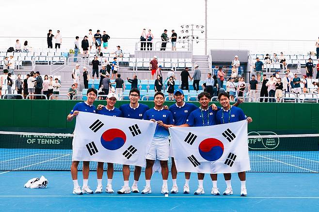 승리한 한국 남자 테니스 대표팀 [대한테니스협회 제공. 재판매 및 DB 금지]