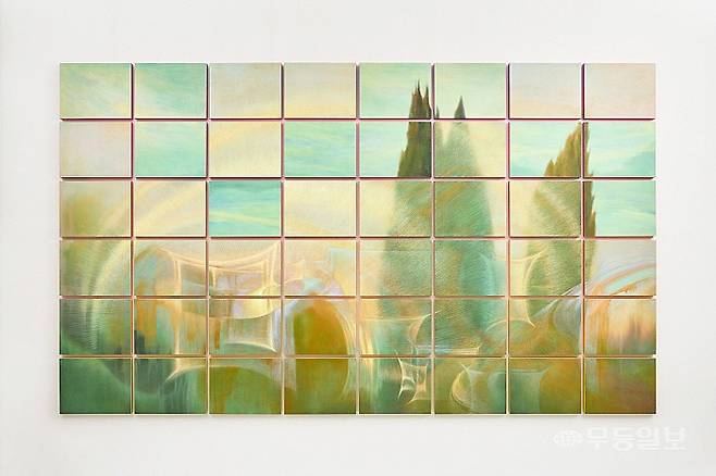 임다인 작가 'Whispering Slit 1', 2025, oil on wood panel, 200.8×342cm(31.8×41cm 48pc each)