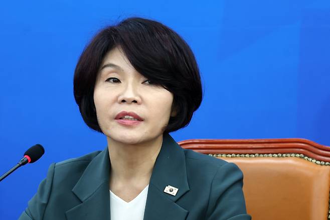 한정애 더불어민주당 정책위의장이 14일 서울 여의도 국회에서 현안 기자간담회를 하고 있다. /뉴시스