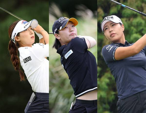 2025년 한국여자프로골프(KLPGA) 투어 OK저축은행 읏맨 오픈 우승 경쟁에 뛰어든 이동은, 방신실, 성유진 프로가 2라운드에서 경기하는 모습이다. 사진제공=KLPGA (사진을 무단으로 사용하지 마십시오.)