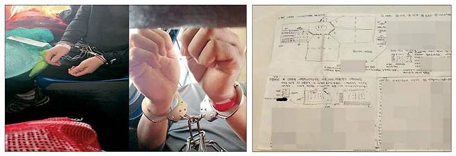 미국 조지아주 배터리 공장 건설 현장에서 일하다 7일간 구금된 근로자들이 구금 과정에서 수갑과 쇠사슬을 차고 있다(왼쪽 사진). 구금됐던 근로자 B씨는 참혹했던 당시 구금시설 환경과 인권 침해 상황을 '구금일지'에 고스란히 적었다.  연합뉴스