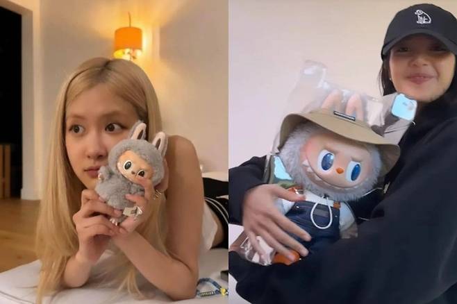 블랙핑크 로제(왼쪽)과 리사가 라부부 인형을 들고 있는 모습 [인스타그램 캡처]