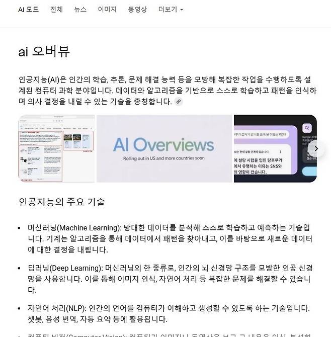 지난해 구글이 도입한 ‘AI오버뷰’ 서비스.검색 결과 창에 AI를 활용한 요약 정보를 우선 노출한다. [구글 캡처]
