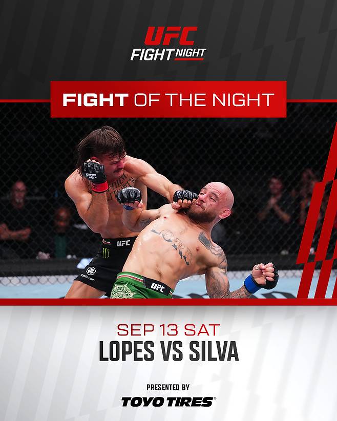 디에고 로페스(왼쪽)와 제앙 실바 경기 중. /사진=UFC 공식 사회관계망서비스(SNS)