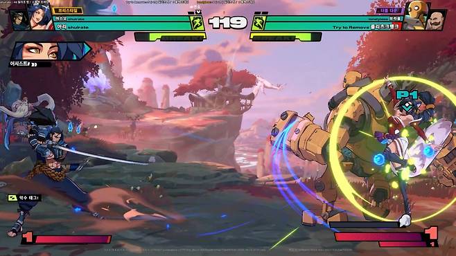 - 어시스트 캐릭터를 상대 뒤로 보내며 악수 태그를 사용하는 모습. "가드 하는 방향이 순식간에 바뀌어 대응이 어렵다"