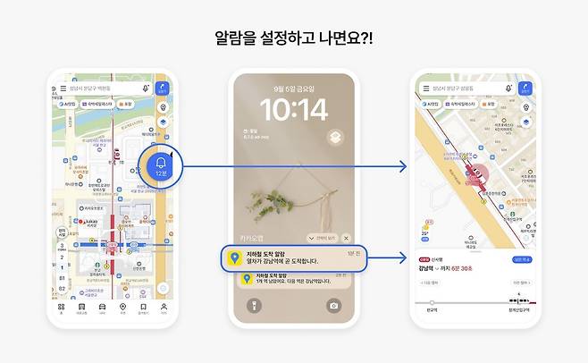 카카오맵 초정밀 알람 기능을 켠 후 플로팅 버튼으로 실시간 위치와 도착 정보를 알려주고 있다. (카카오 제공)