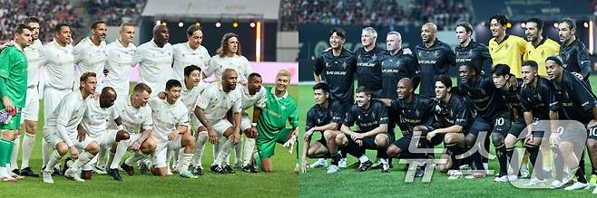 14일 오후 서울 마포구 서울월드컵경기장에서 열린 '2025 아이콘매치' FC 스피어와 쉴드 유나이티드의 경기, FC 쉴드(왼쪽)와 스피어 선수들이 경기 시작에 앞서 기념촬영을 하고 있다. 2025.9.14/뉴스12025.9.15/뉴스1