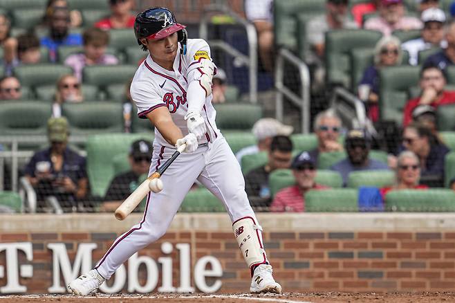 애틀랜타 브레이브스 김하성이 15일(한국시각) 트루이스트파크에서 열린 휴스턴 애스트로스전에서 3회말 우전안타를 터뜨리고 있다. Imagn Images연합뉴스