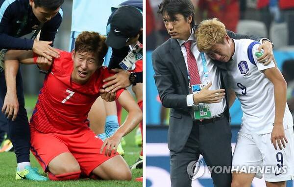 2016 리우 올리픽(왼쪽)과 2014 브라질 월드컵에서 눈물을 흘렸던 20대 초반의 손흥민. 연합뉴스