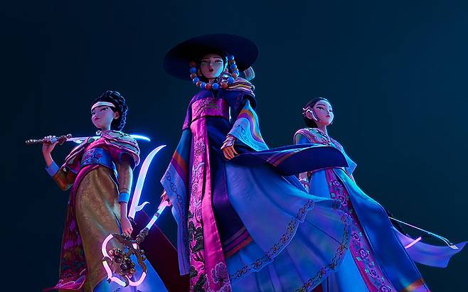 넷플릭스 애니메이션 영화 <케이팝 데몬 헌터스>의 한 장면.  K팝 걸그룹의 전신인 과거 무당들이 악귀를 물리치던 모습. 넷플릭스