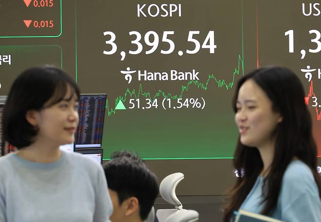 개장하자마자 사상 최고치를 갈아치운 코스피가 장중 거듭 최고 기록을 경신한 12일 서울 중구 하나은행 본점에서 직원들이 증시와 환율을 모니터 하고 있다. 이날 코스피는 전장보다 51.34포인트(1.54%) 오른 3,395.54로 거래를 마쳤다. 전날 세운 종가 기준 사상 최고치(3,344.20)를 큰 폭으로 갈아치운 것이다. [연합]