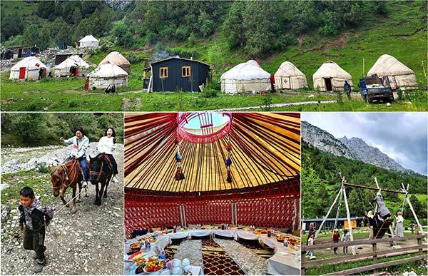 유르트 관광단지 (위) 파미르 하이웨이 주변에는 유르트 관광단지가 많다. (아래) 즐거운 승마/ 화려한 유르트 내부와 정성이 가득한 오찬 테이블 / 그네를 타는 사람들. 그네는 키르기스스탄에 정착한 고려인들이 들여온 문화로 보인다.