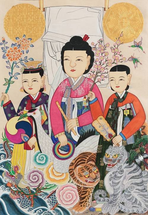 이지녀 만신이 그린 ‘마고’의 모습. 한국 신화에 등장하는 마고는 여성이자 어머니로서 창조의 신, 탯줄을 상징한다. 넷플릭스 애니메이션 영화 <케이팝 데몬 헌터스>의 주인공 헌트릭스도 여성 그룹이다. 이지녀 제공