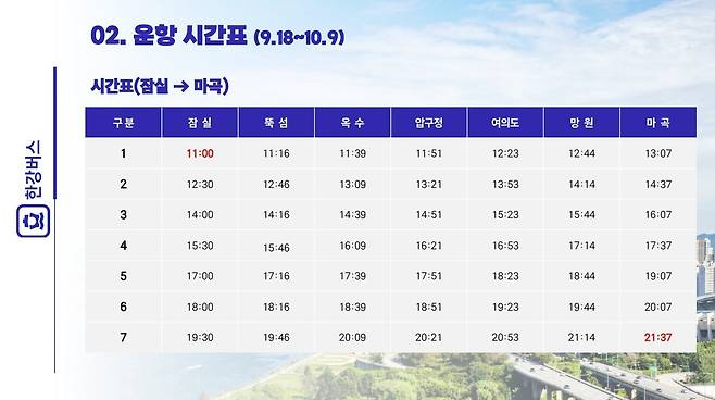 한강버스 운항 시간표 [서울시 제공. 재판매 및 DB 금지]
