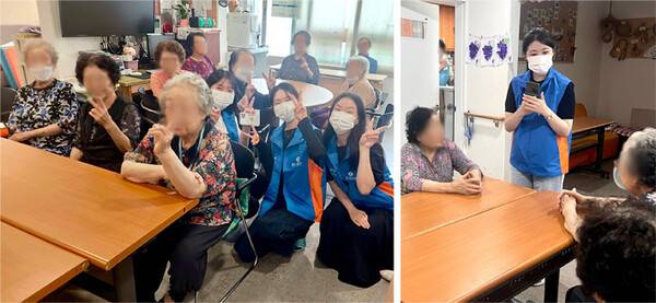 제주은행 직원들이 지난 13일 평강노인복지센터를 찾아 어르신들에게 디지털 금융 교육을 하고 있다. (사진=제주은행)