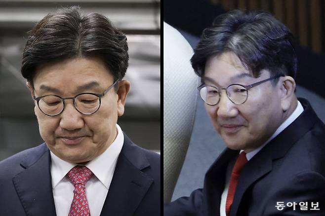 통일교 측으로부터 불법 정치자금 수수 의혹을 받는 국민의힘 권성동 의원이 16일 영장실질심사에 출석했다. 이날 법원 청사로 향하는 권 의원의 얼굴(왼쪽)에서는 지난 11일 국회 본회의에서 본인의 체포동의안 표결 당시 웃음기 가득했던 표정(오른쪽)은 찾아볼 수 없었다. 박형기 기자 oneshot@donga.com