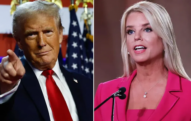 왼쪽부터 도널드 트럼프 미국 대통령, 팸 본디 미 법무장관 자료사진