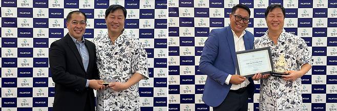 지난 9월 11일 팜투어 서울 본사를 방문한 더 사마야 스미냑의 상 엔 구나르타 총지배인(사진 왼쪽)과 더 아푸르바 캠핀스키 발리의 카덱 부디아사 총지배인. 사진제공|팜투어