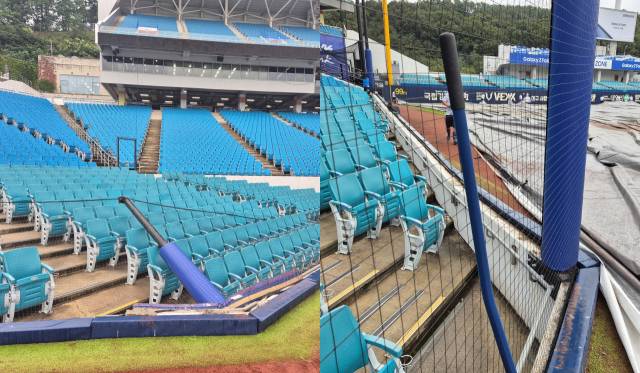 대구 삼성라이온즈파크의 1루 익사이팅존 그물망 폴대가 17일 돌풍으로 쓰러진 모습(왼쪽)과 3루 익사이팅존의 정상적인 그물망 폴대. 채정민 기자