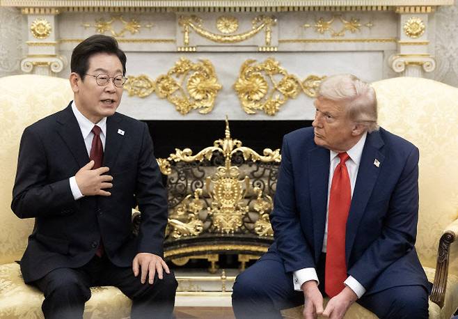 이재명 대통령과 도널드 트럼프 미국 대통령이 지난 8월 25일(현지시간) 미국 워싱턴DC 백악관에서 정상회담을 하고 있다.(사진=연합뉴스)