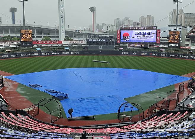 17일 수원 KT위즈파크에 폭우가 내려 18일 더블헤더를 위해 대형 방수포를 설치했다. 수원=권인하 기자