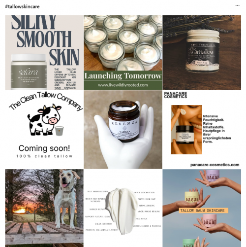 다양한 소 지방(tallow oil) 피부 관리 화장품들. (출처=인스타그램 캡처)
