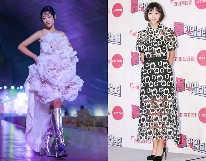 '검은콩'으로 불린 1990년대 패션니스타 이본이 20년 만에 다시 패션쇼 런웨이에 섰다. 사진은 지난 15일 가수 겸 배우 이본이 서울 중구 동대문디자인플라자에서 열린 2026 서울패션위크에서 블라뱅 패션셔 뮤즈 자격으로 런웨이에 선 모습과 2019년 7월12일 서울 마포구 베스트웨스턴프리미어 서울가든호텔에서 열린 라이프타임채널 '돌아이덴티티' 제작발표회에 참석해 포즈를 취하고 있는 모습. /사진=순이엔티, 머니투데이