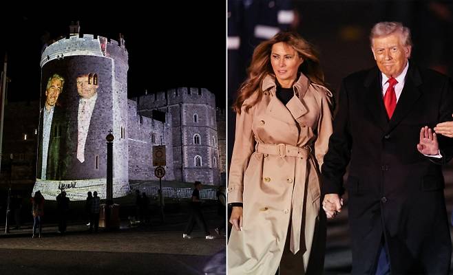 영국 윈저성 외벽에 트럼프 미국 대통령과 성범죄 전력으로 사망한 억만장자 제프리 엡스타인의 사진이 풍자 단체 ‘당키스’에 의해 투사되고 있다(왼쪽). 같은 날 트럼프 대통령과 멜라니아 여사가 영국 국빈 방문을 위해 런던 스탠스테드 공항에 도착해 의전 인사의 영접을 받고 있다(오른쪽). 로이터 연합뉴스