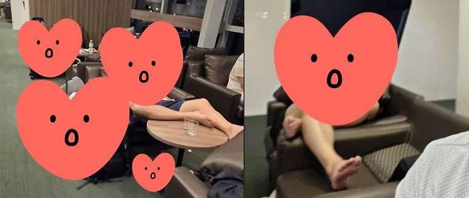 한국인으로 추정되는 인물이 다른 사람이 쉬어야 할 의자 옆자리까지 다리를 뻗고 누워 있다. 온라인 커뮤니티