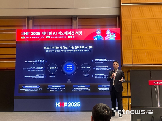 송호철 더존비즈온 플랫폼사업부문 대표가 18일 서울 강남구 코엑스에서 열린 메디컬 AI 이노베이션 서밋에서 'AI 에이전트 기반, 병원 가치사슬의 지능화 혁신' 사례를 발표했다.