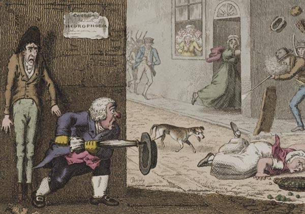 19세기 영국의 화가 토머스 로드 버스비가 광견병에 걸린 개가 돌아다니는 거리의 소동을 그린 ‘미친개’(1826년). 당시에는 사람이 광견병에 걸린 개에 물리기만 해도 미쳐버렸고 치료법도 없어 두려움의 대상이었다.  계단 제공