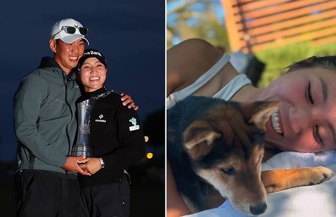 리디아 고가 지난해 남편 정준씨와 AIG 여자오픈 우승컵을 들고 있는 모습(왼쪽)과 반려견 카이와 휴식을 취하는 모습    [게티이미지·리디아 고 SNS]