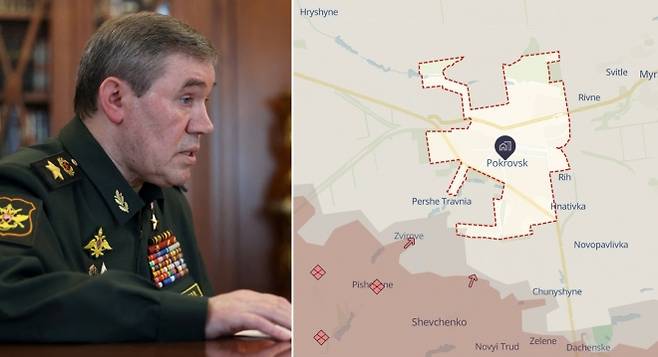 발레리 게라시모프 러시아군 총참모장(왼쪽)과 도네츠크주 포크로프스크 전황을 보여주는 지도(오른쪽). 로이터 연합뉴스·딥스테이트 맵