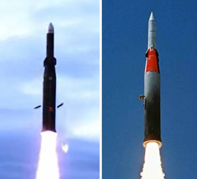 대만의 신형 치앙궁 요격미사일(왼쪽)과 이스라엘의 애로우-2(오른쪽) 발사 장면 비교. 외형과 제원이 유사하다는 평가가 나온다. NCSIST·IAI