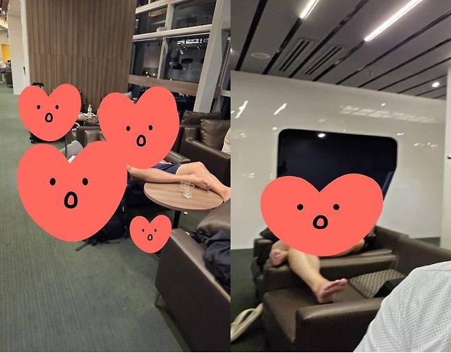 라운지 식탁과 쇼파에 발을 올리고 있는 한국인 관광객들. 온라인 커뮤니티 보배드림 캡처