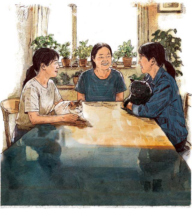 세 모녀가 고양이와 함께 즐거운 시간을 보내고 있다. 삽화=신동준 기자