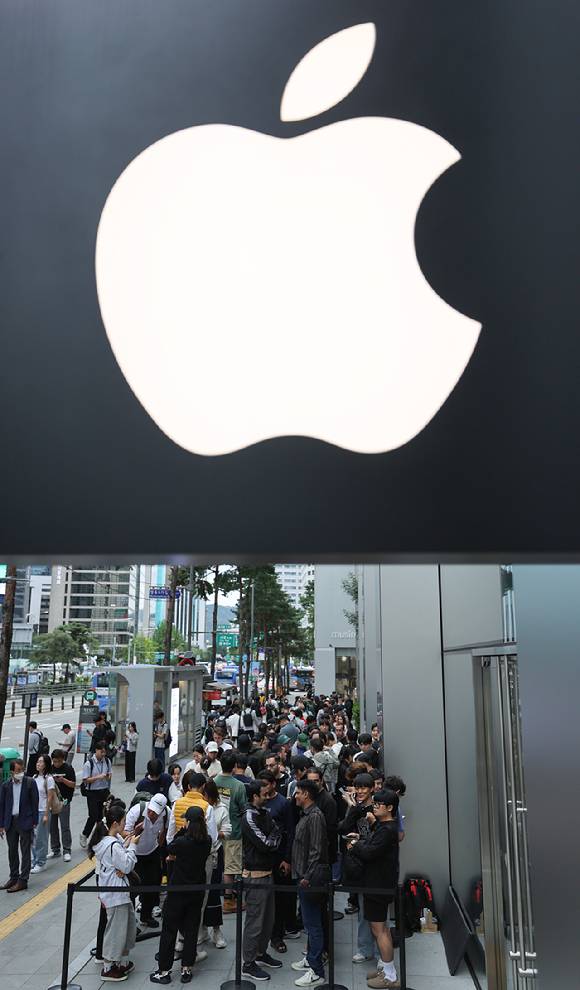 19일 오전 서울 중구 애플스토어 명동 앞에서 '아이폰17 시리즈' 판매를 기다리는 오픈런 인파들이 줄을 서 있다. [사진=연합뉴스]