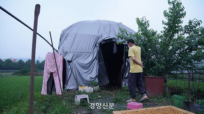 2021년 7월 경기도의 한 농장에서 일하는 바잇차(가명)가 숙소로 사용하는 비닐하우스에 들어가고 있다. 은색 차양막이 쳐진 비닐하우스에는 빛 한 줌 제대로 들어오지 않았고 통풍도 잘되지 않았다. 권도현 기자